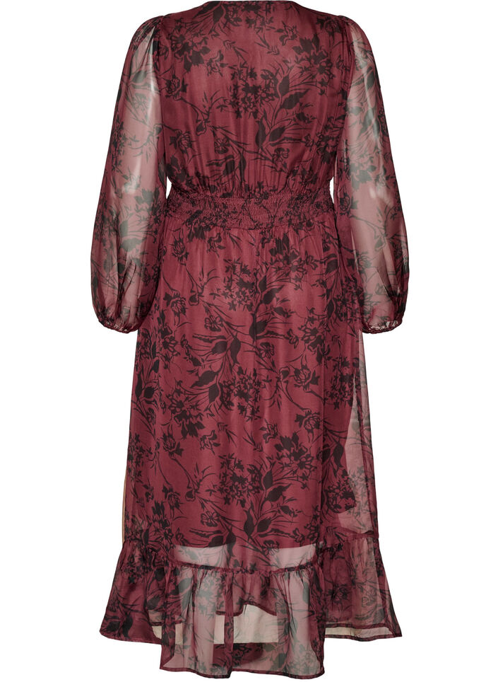 Maxi-jurk met bloemenprint en smokwerk, Donker Bordeaux, Packshot image number 1