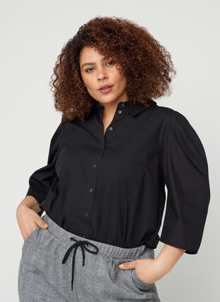 Katoenen blouse met 3/4 pofmouwen, Black, Model image number 0