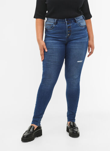 Jeans Amy taille haute avec boutons, Blue denim, Model image number 2