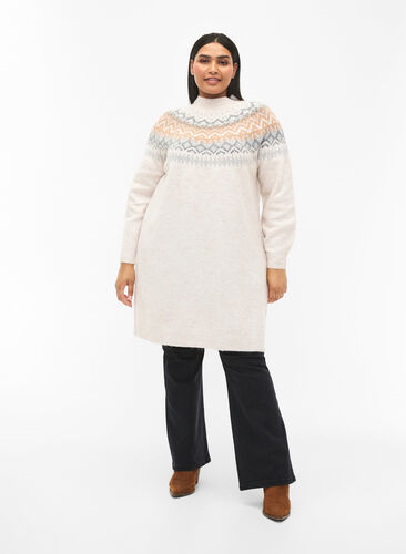 Robe en tricot à motifs et à manches longues, Birch Mel. Comb, Model image number 2