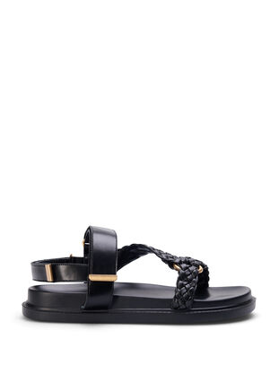 Leren sandaal met gevlochten bandjes en brede pasvorm, Black, Packshot image number 0