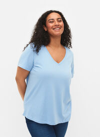 T-shirt à manches courtes avec col en V, Placid Blue, Model