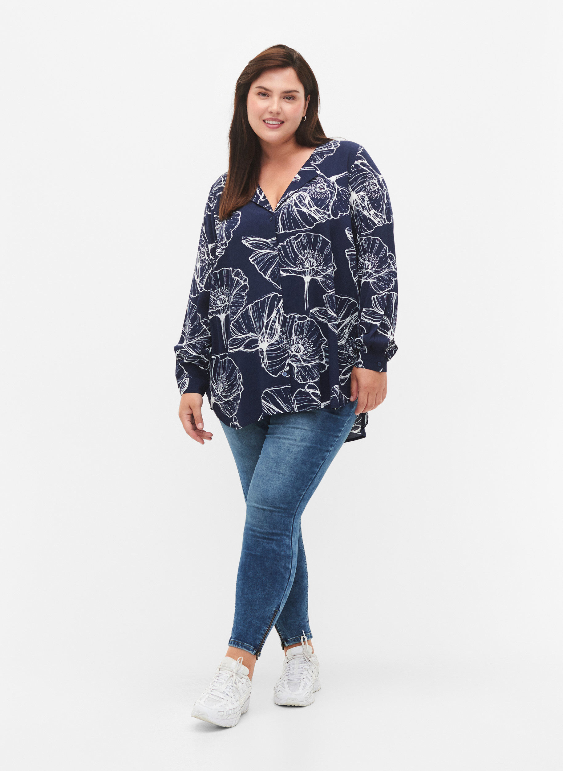 ZizziViscose overhemd met bloemenprint en lange mouwen, Navy B./Big Fl.AOP, Model image number 2