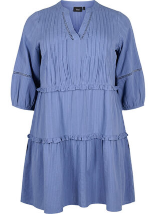 Katoenen jurk met 3/4 mouwen en ruches, Moonlight Blue, Packshot image number 0