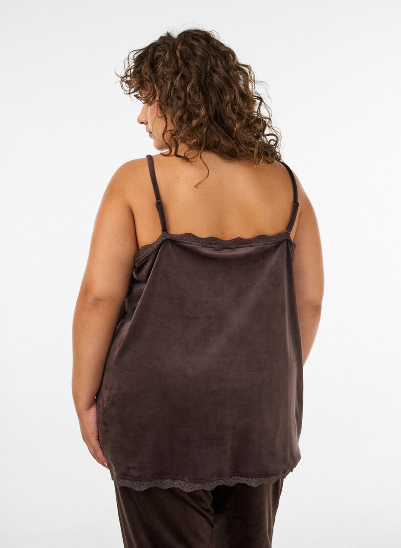 Velour top met kanten rand, Bruin, Model image number 2