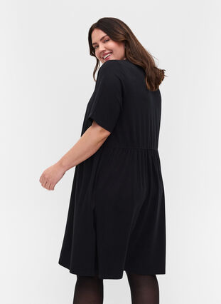  Katoenen jurk met korte mouwen en plooi, Black, Model image number 1