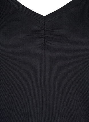 Geribde blouse met lange mouwen en een V-hals, Black, Packshot image number 2