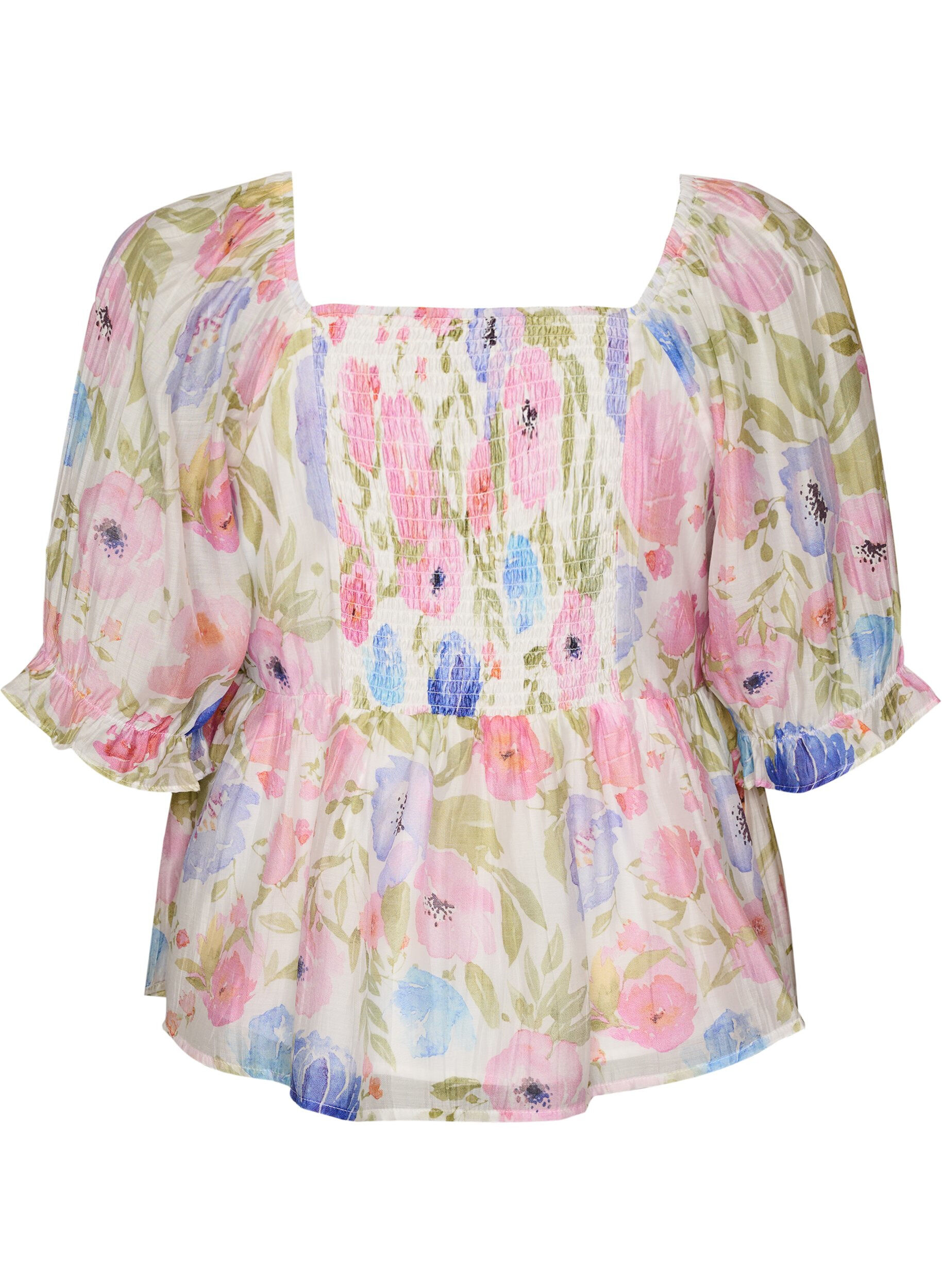 ZizziBlouse en lyocell &agrave; imprim&eacute; floral et d&eacute;collet&eacute; en c&oelig;ur, Blanc, Packshot image number 1