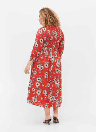 Gebloemde viscose midi-jurk met smok, Fiery Red Flower AOP, Model image number 1
