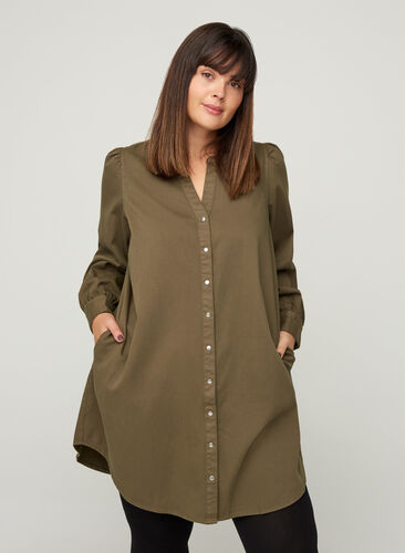Chemise longue en coton à manches bouffantes, Ivy Green, Model image number 0