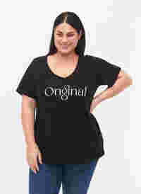 T-shirt en coton avec impression de texte et col en V, Black ORI, Model