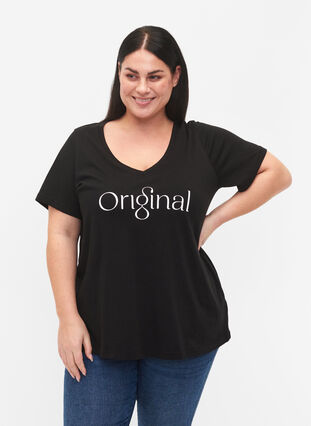 T-shirt en coton avec impression de texte et col en V, Black ORI, Model image number 0