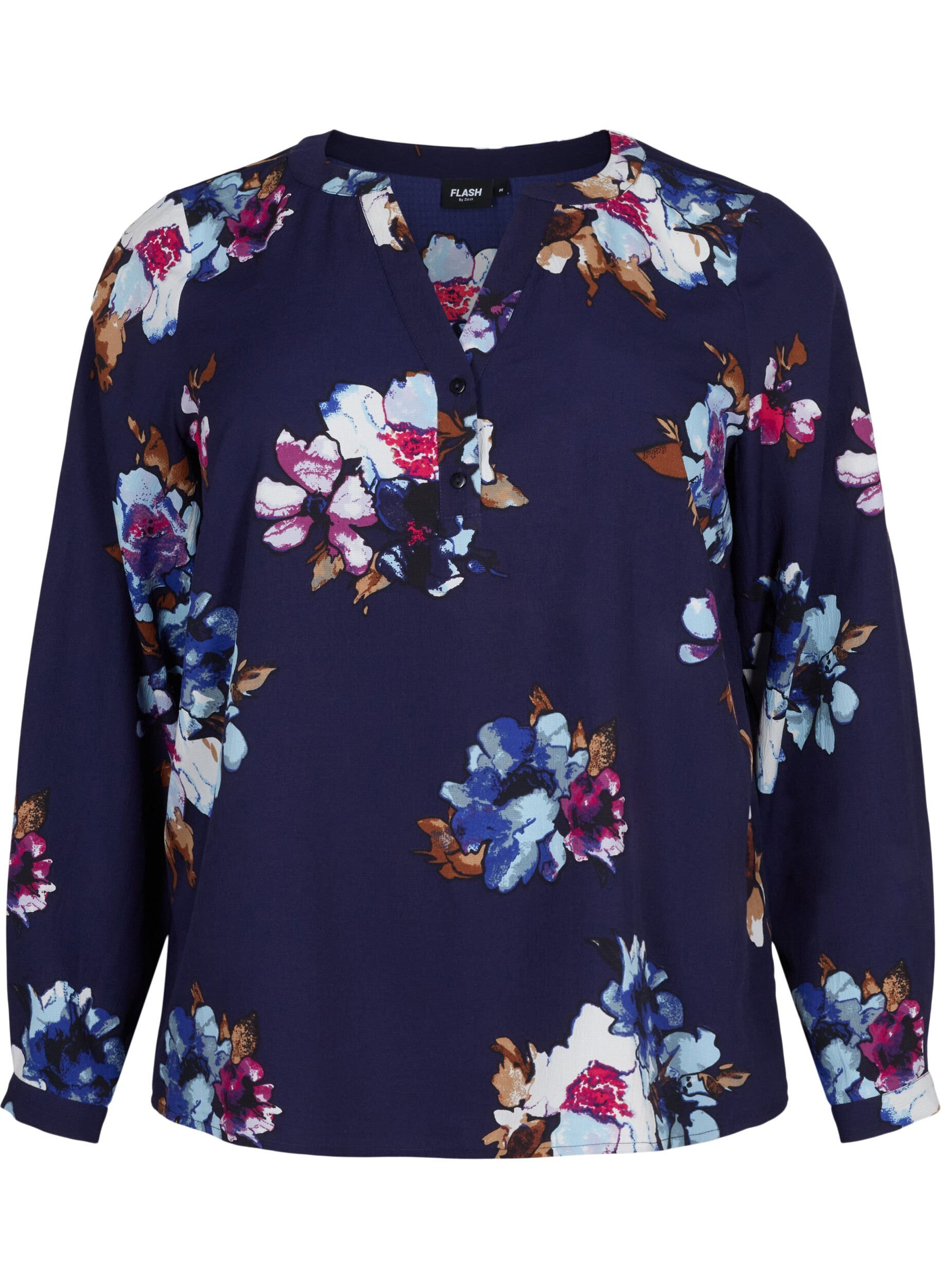 ZizziFLASH - Blouse met lange mouwen en print, Big Blue Flower, Packshot image number 0