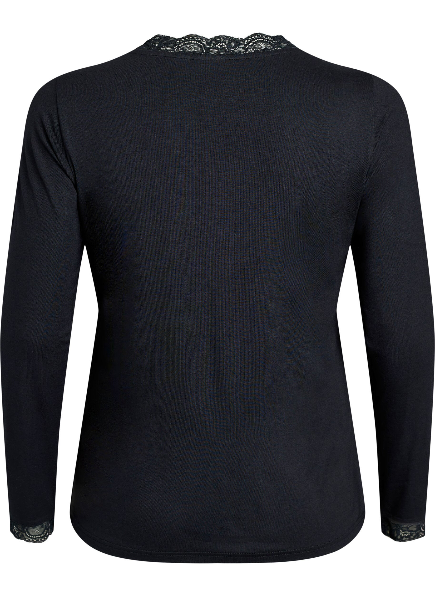 ZizziBlouse en viscose avec d&eacute;tails en dentelle et col en V, Noir, Packshot image number 1