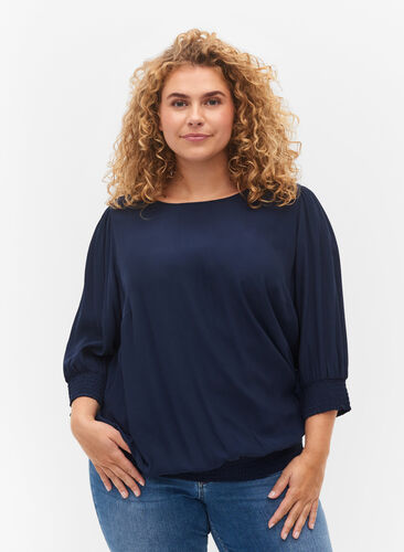 Effen viscose blouse met balloneffect, Navy Blazer, Model image number 0