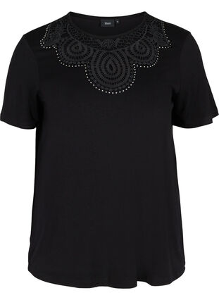 Viscose t-shirt met korte mouwen en kanten details, Black, Packshot image number 0