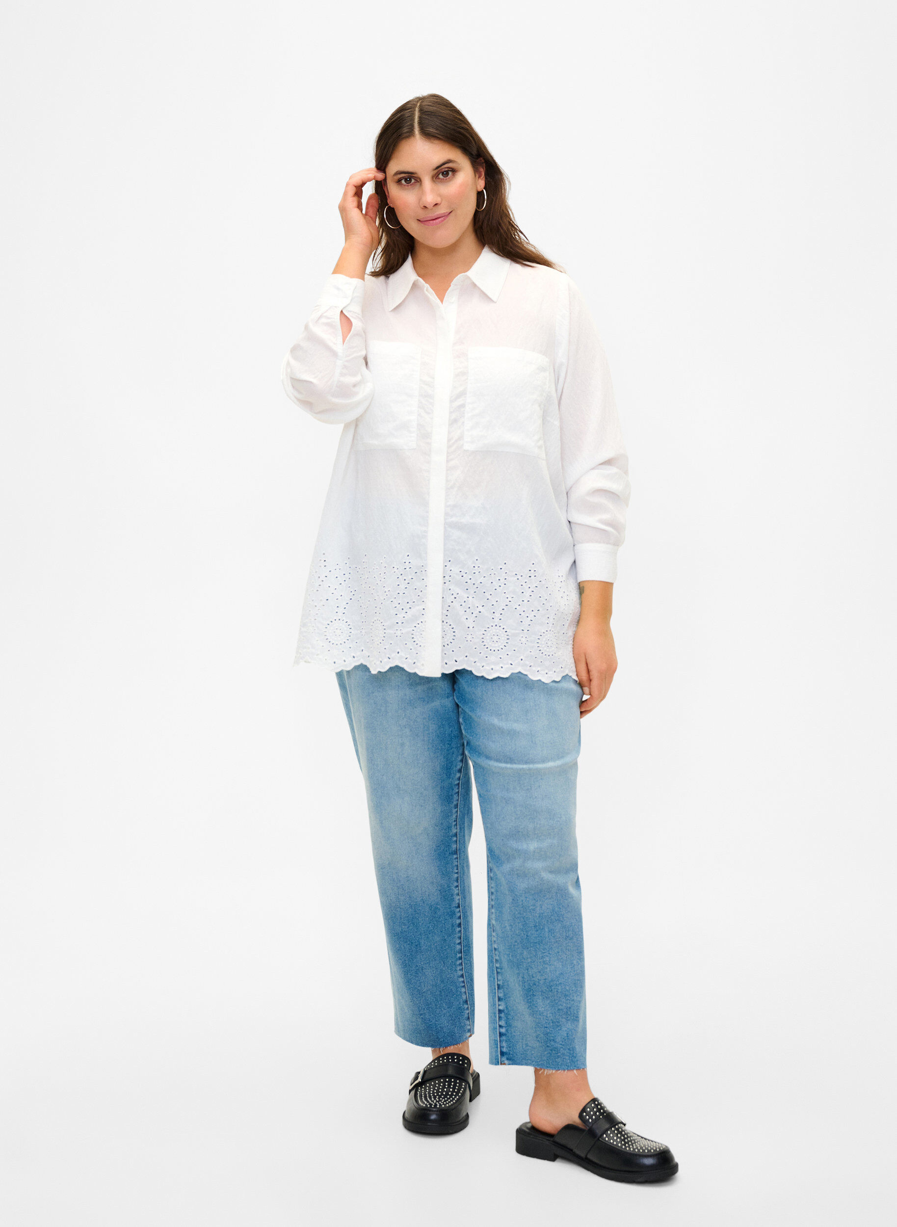 ZizziViscose overhemd met broderie anglaise, Bright White, Model image number 2
