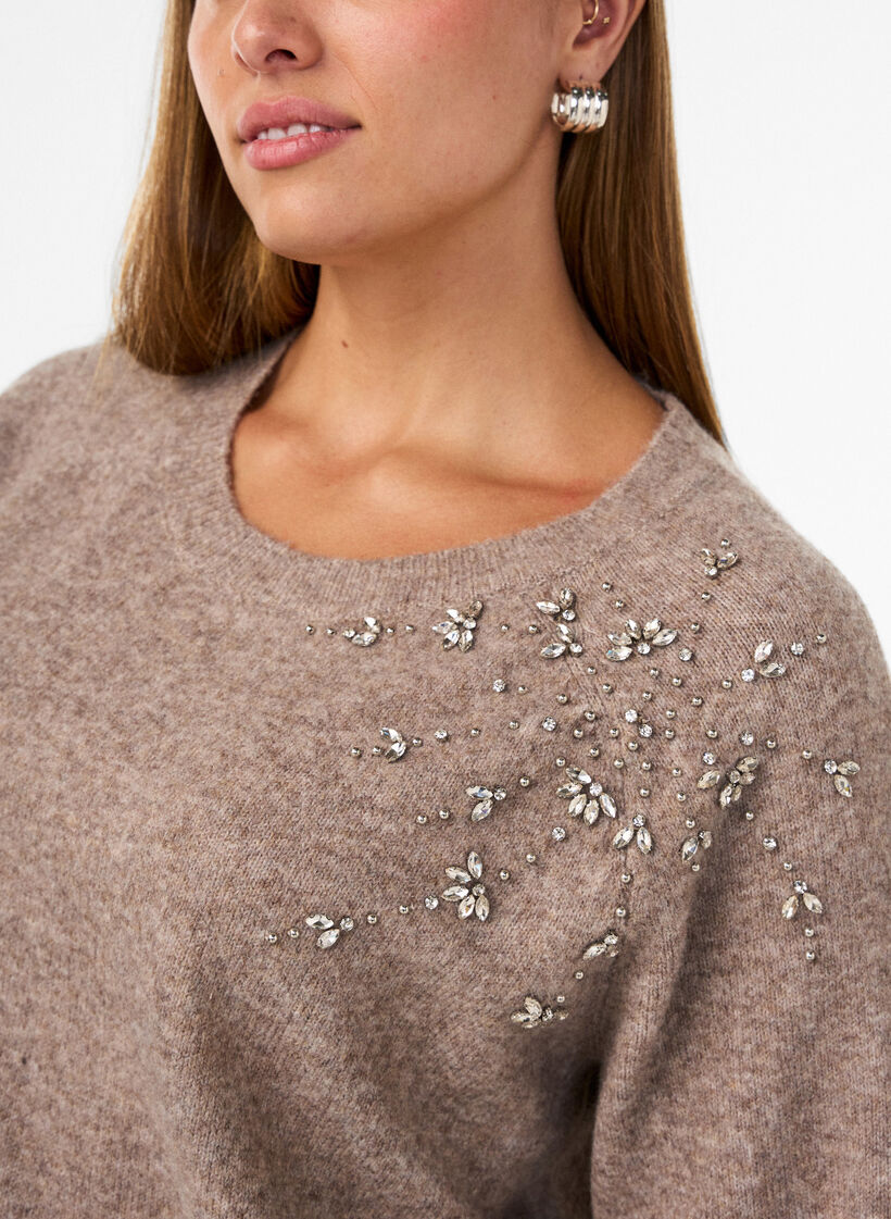 Gebreide blouse met strassteentjes en studs, Beige, Model image number 3
