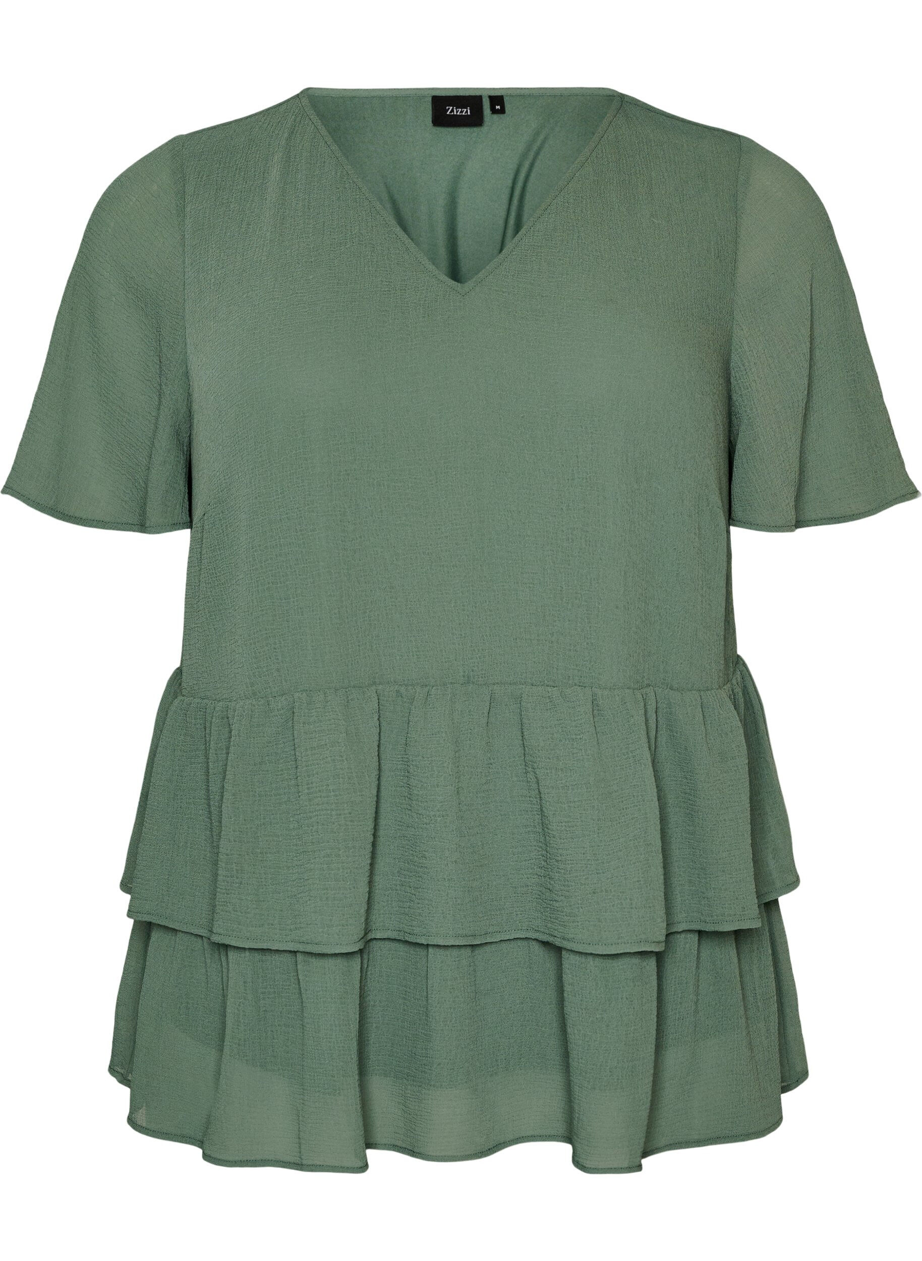 ZizziBlouse met V-hals en ruches, Groen, Packshot image number 0