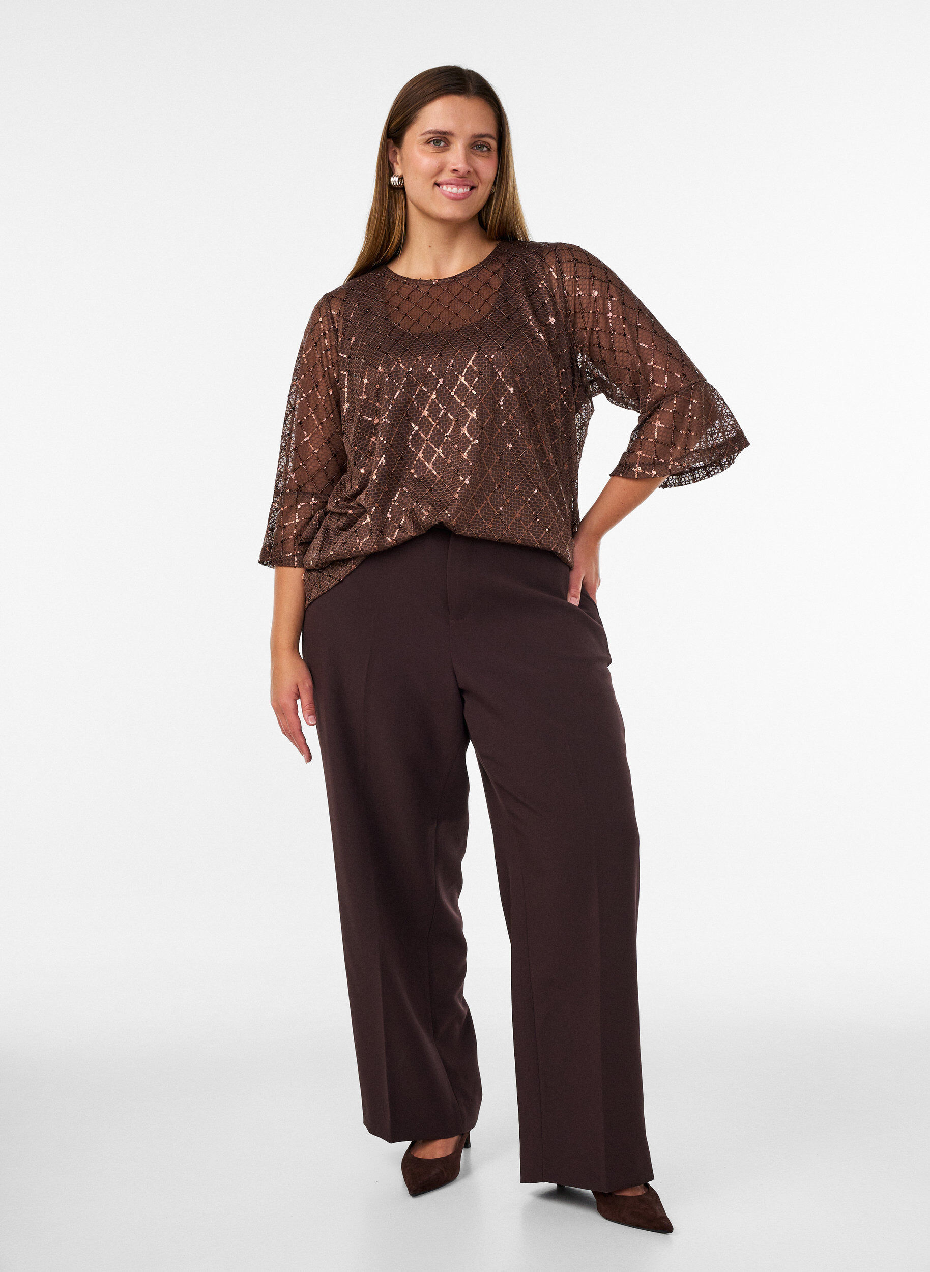 ZizziDoorschijnende blouse met pailletten en een ruitpatroon, Bruin, Model image number 1