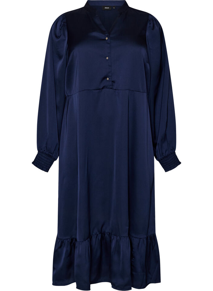 Robe en satin avec manches longues et col en V, Bleu, Packshot image number 0