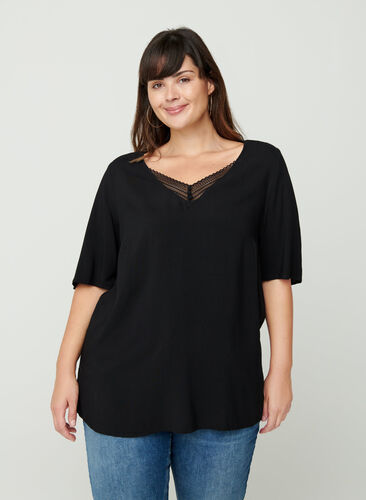 Viscose blouse met v-hals en kant, Black, Model image number 0