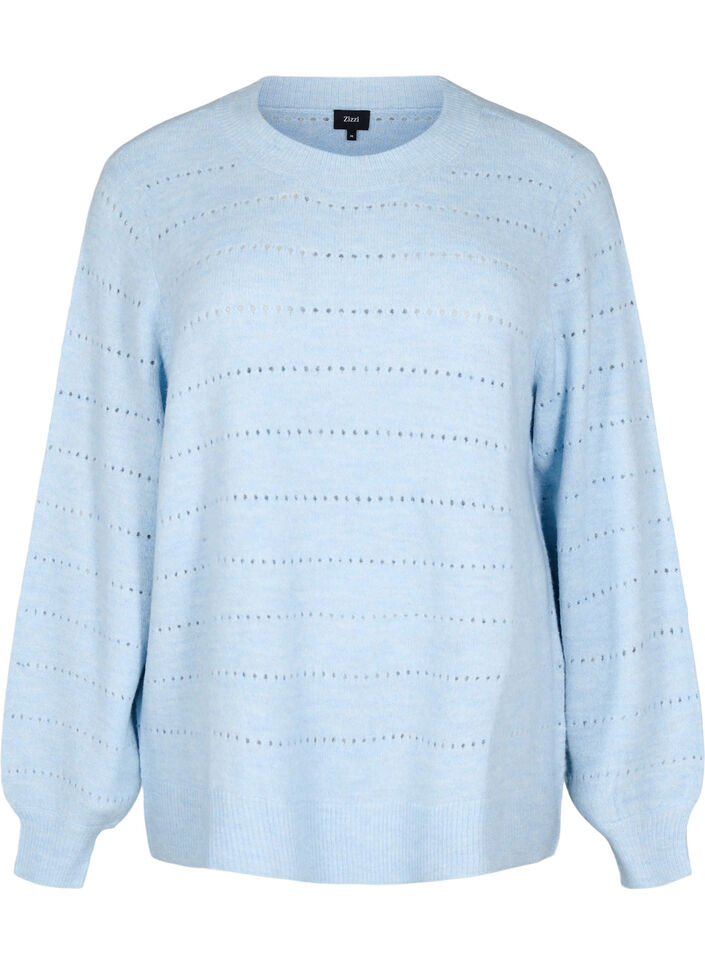 Gebreide blouse met ronde hals en kantpatroon, Cashmere Blue Mel., Packshot image number 0