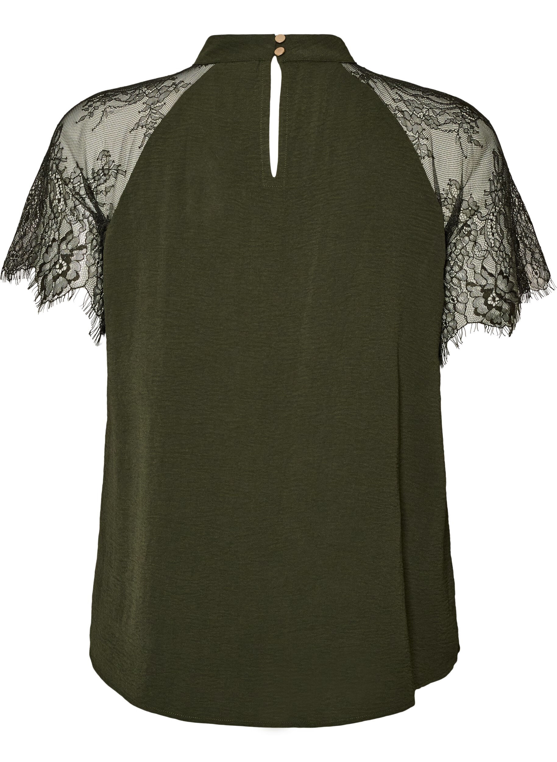 ZizziBlouse &agrave; col montant avec manches courtes en dentelle, Vert fonc&eacute;, Packshot image number 1