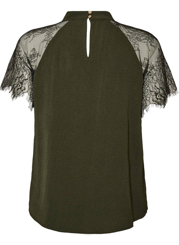 Blouse &agrave; col montant avec manches courtes en dentelle, Vert fonc&eacute;, Packshot image number 1