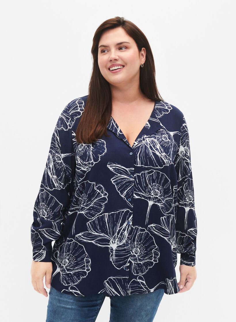 Viscose overhemd met bloemenprint en lange mouwen, Navy B./Big Fl.AOP, Model image number 0