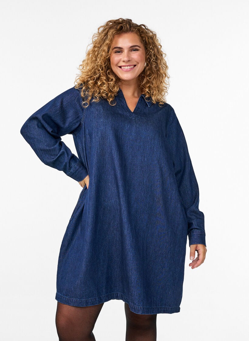 Korte denim jurk met een V-hals en kraag, Blauw, Model image number 0