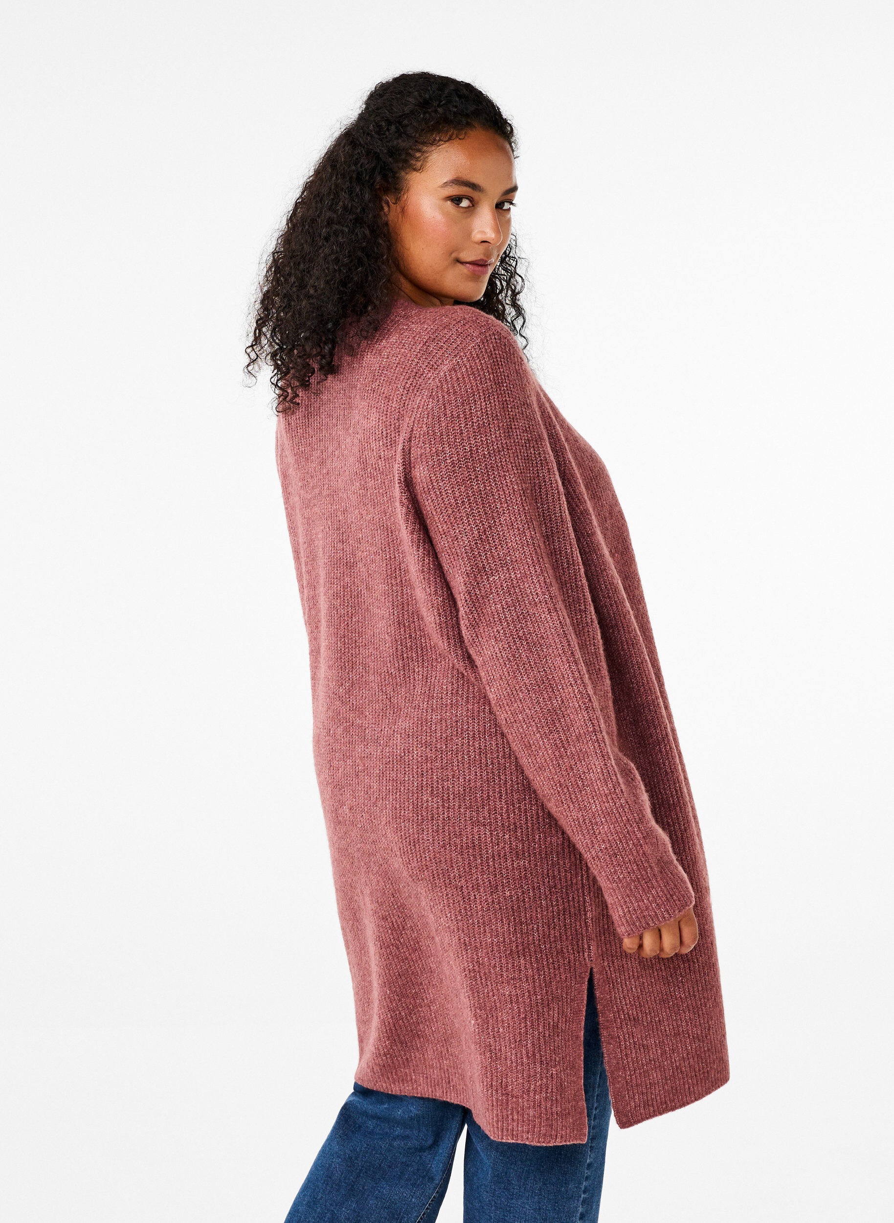 ZizziFLASH - Geribde cardigan met splitten, Rose Brown Melange, Model image number 1