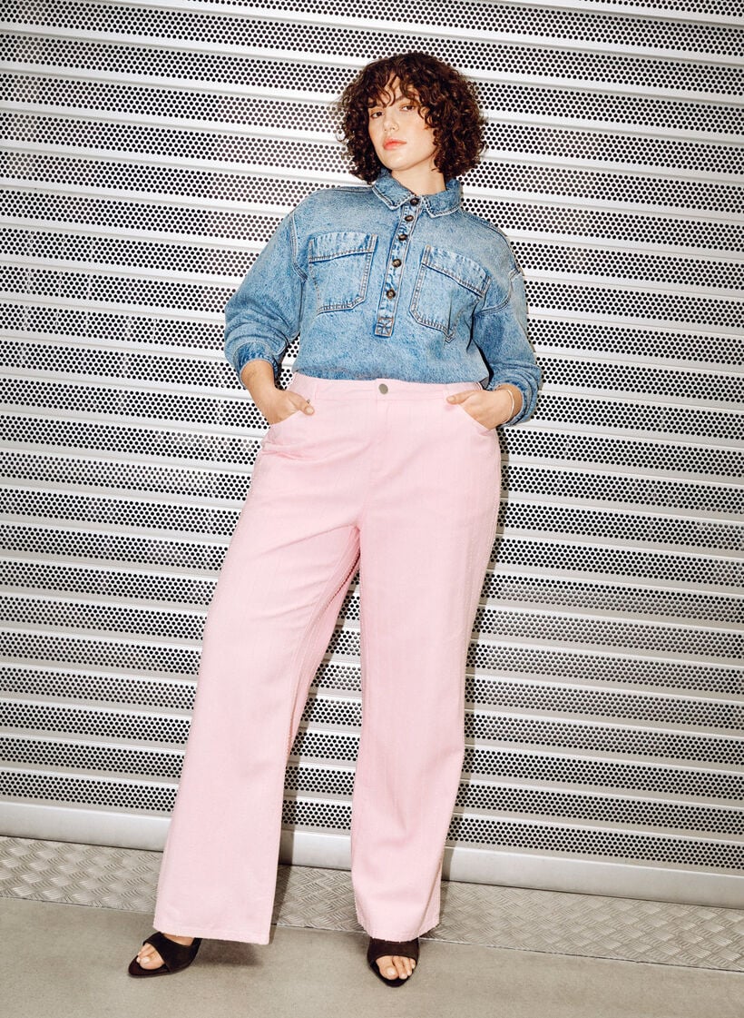 Jean Myra coupe large en denim de couleur &agrave; motif textur&eacute;, Rose poudr&eacute;e, Image image number 0