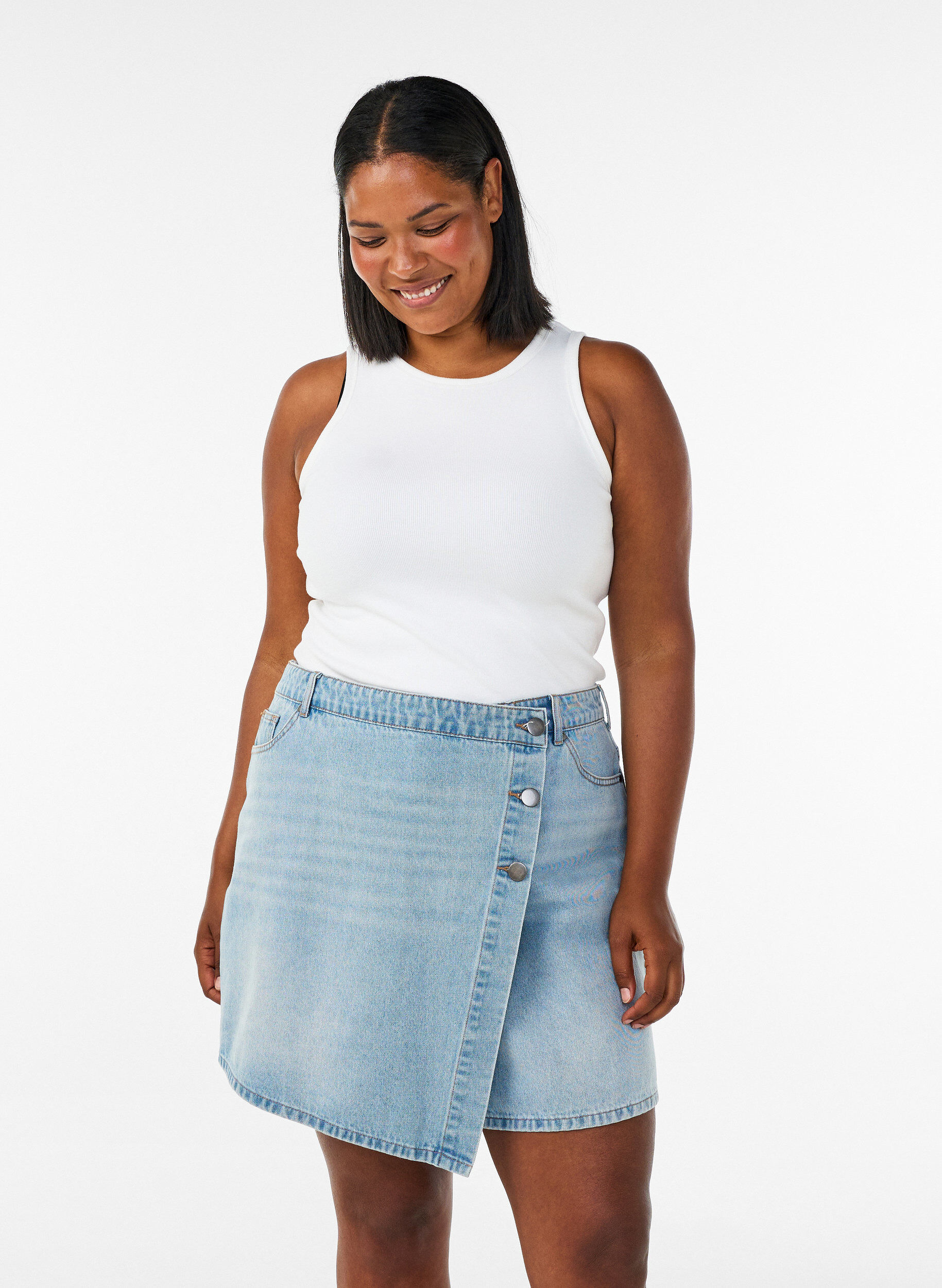 Denim skort met overslag en hoge taille, Blauw, Model