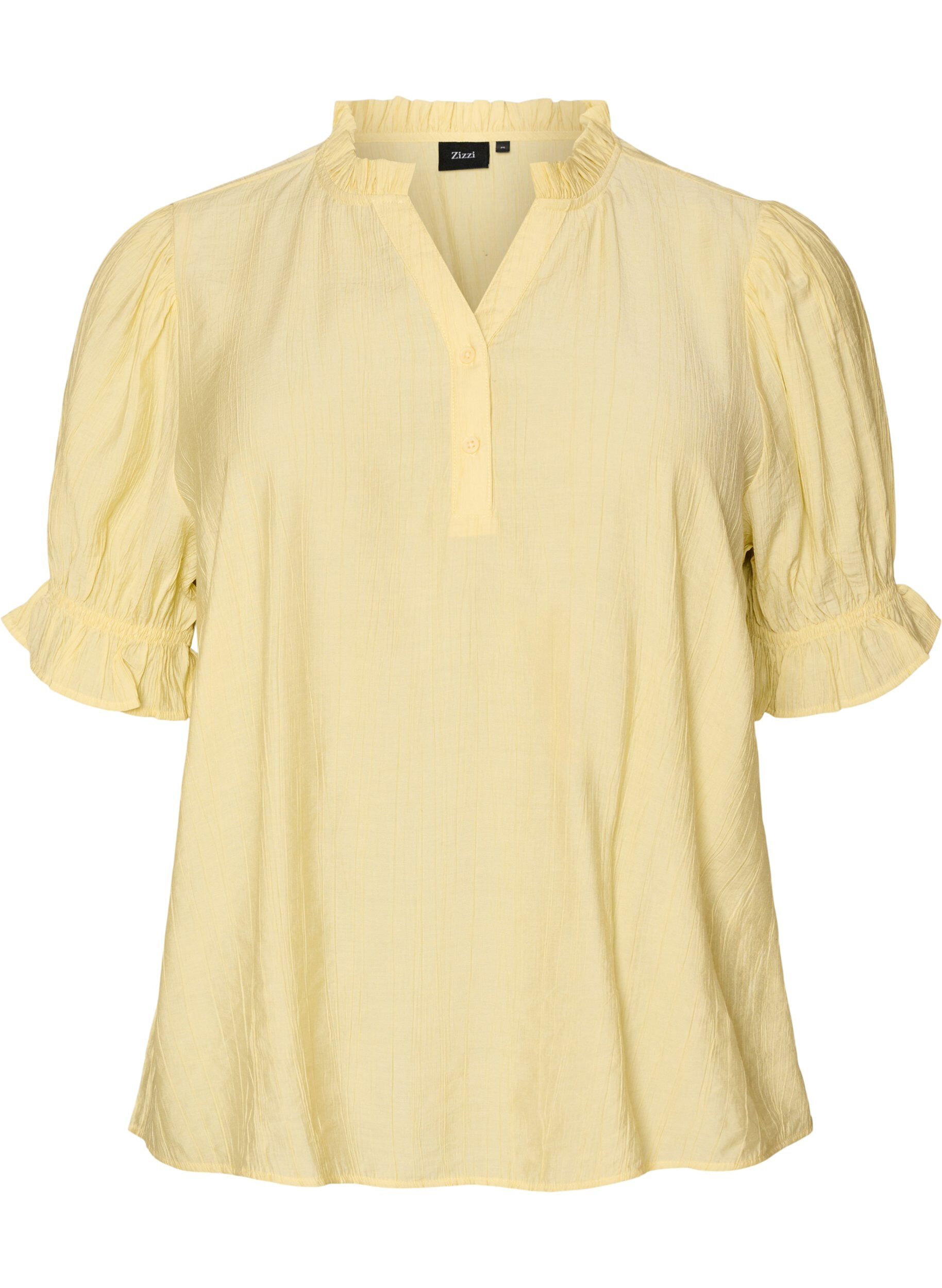 Blouse en m&eacute;lange de viscose textur&eacute;, avec manches courtes &agrave; volants