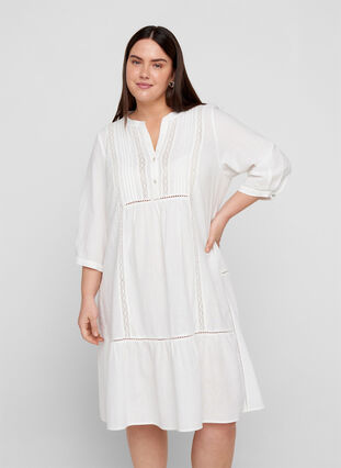 Robe en coton avec forme en trapèze , Bright White, Model image number 0