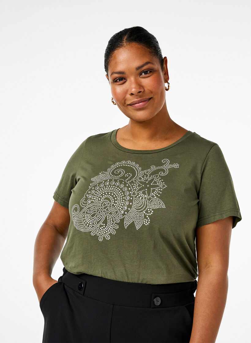T-shirt en coton avec motif strass, Thyme w. Rhinestones, Model image number 0
