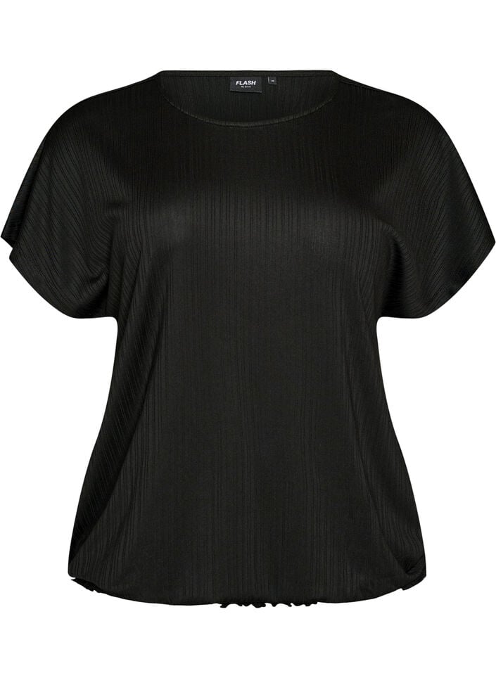 Jersey blouse met gestructureerde strepen en een gesmokte zoom, Zwart, Packshot image number 0