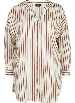 Chemise longue en coton à rayures avec col en V, Stripe, Packshot image number 0