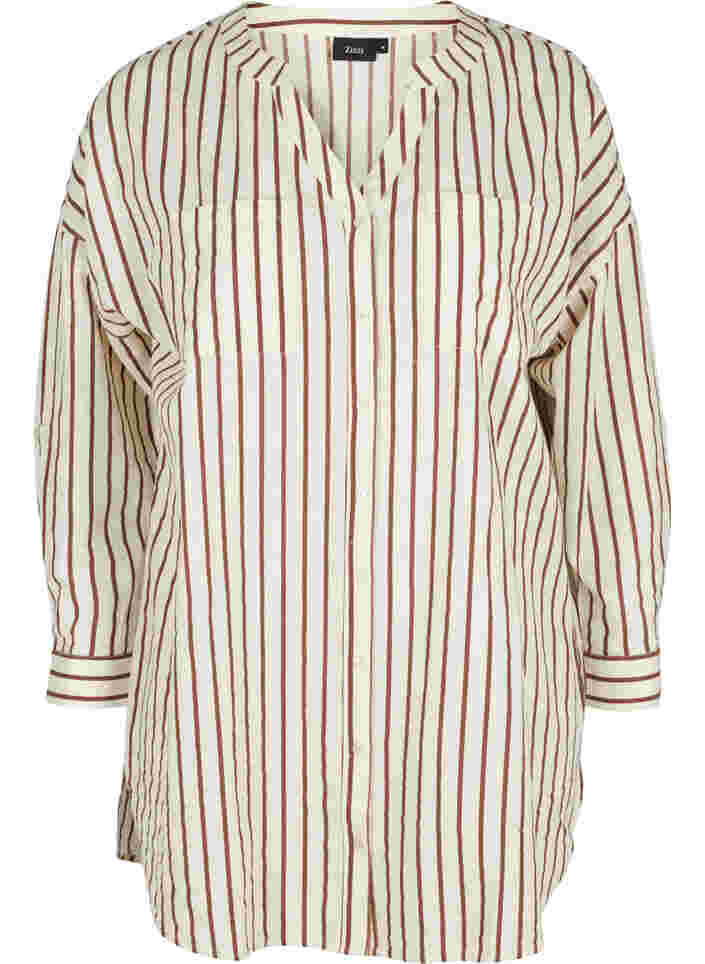 Lange katoenen blouse met strepen en v-hals, Stripe, Packshot image number 0