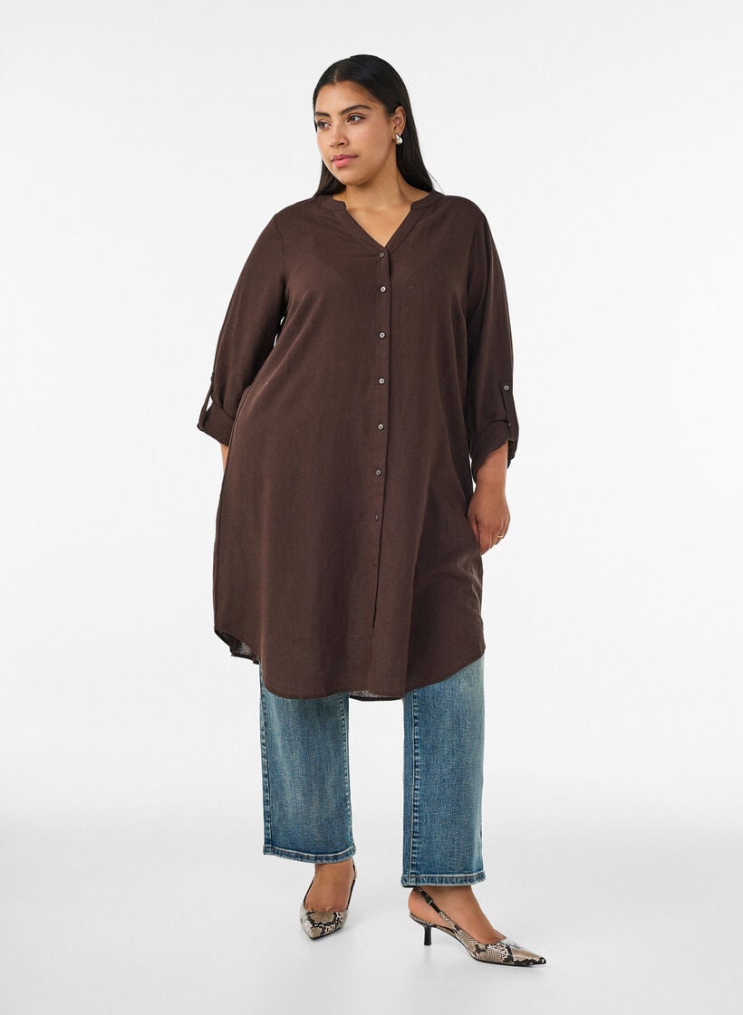 Chemise longue en lin et viscose, Marron, Model image number 0