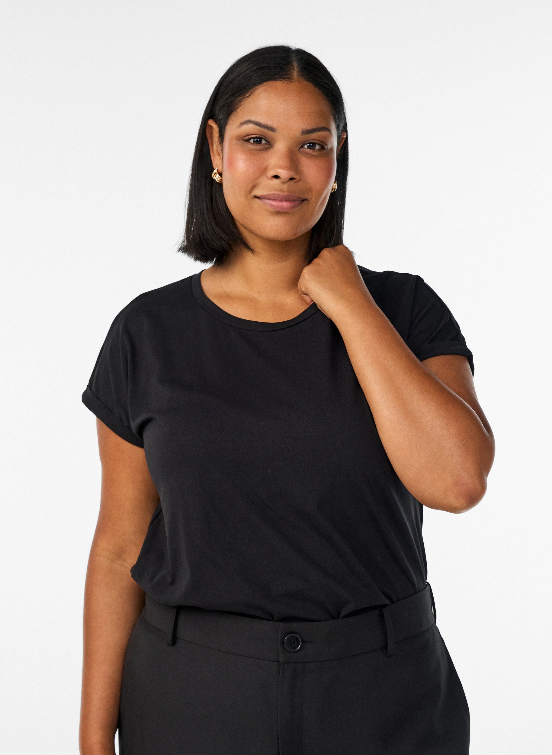 ZizziT-shirt met korte mouwen van katoenmix, Zwart, Model image number 0