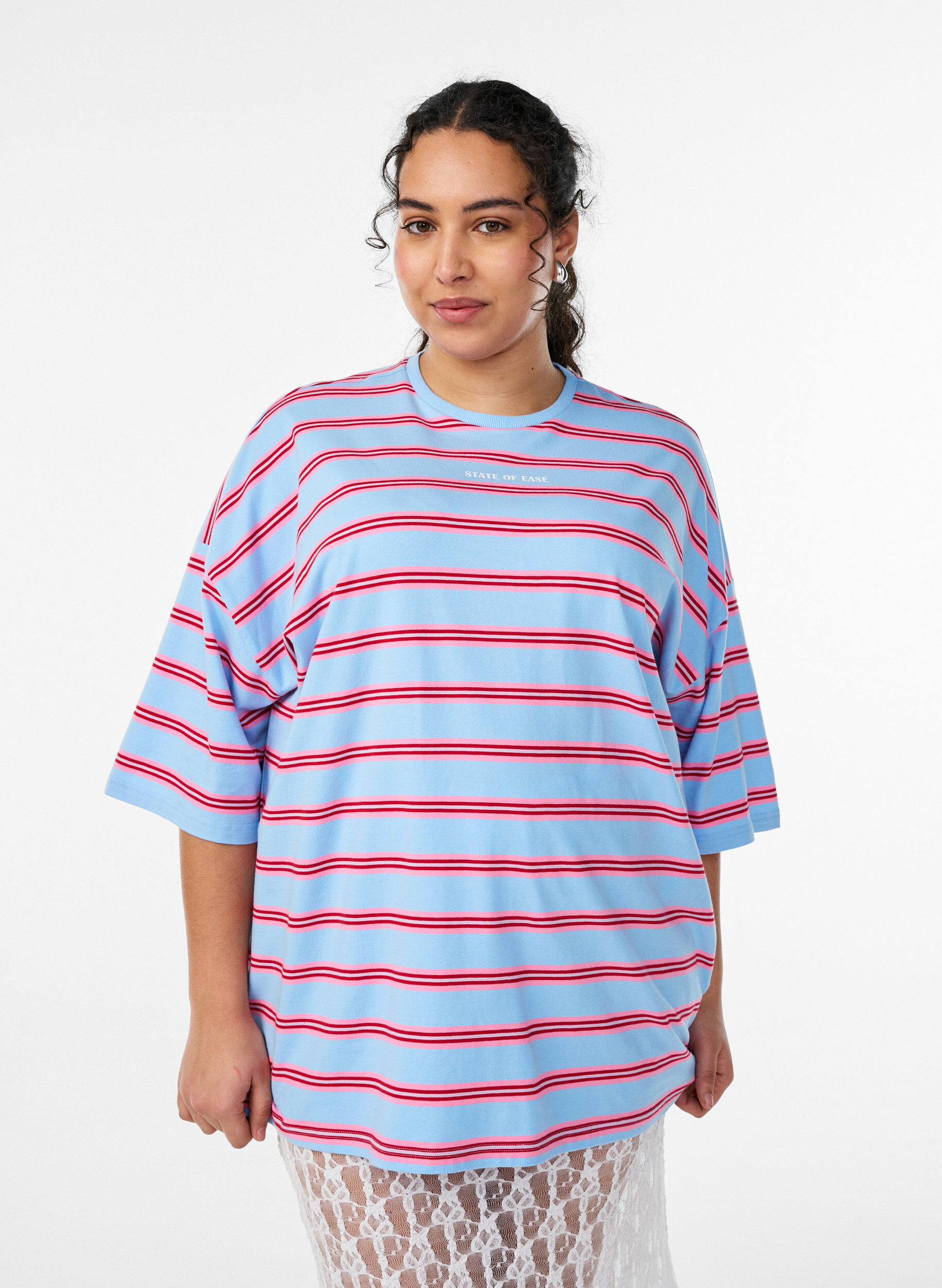ZizziOversized T-shirt met strepen en 1/2 mouwen, Blauw, Model image number 0
