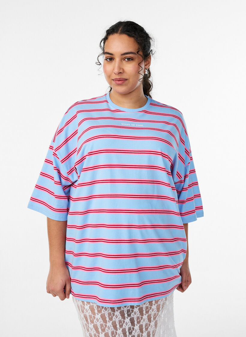 Oversized T-shirt met strepen en 1/2 mouwen, Blauw, Model image number 0