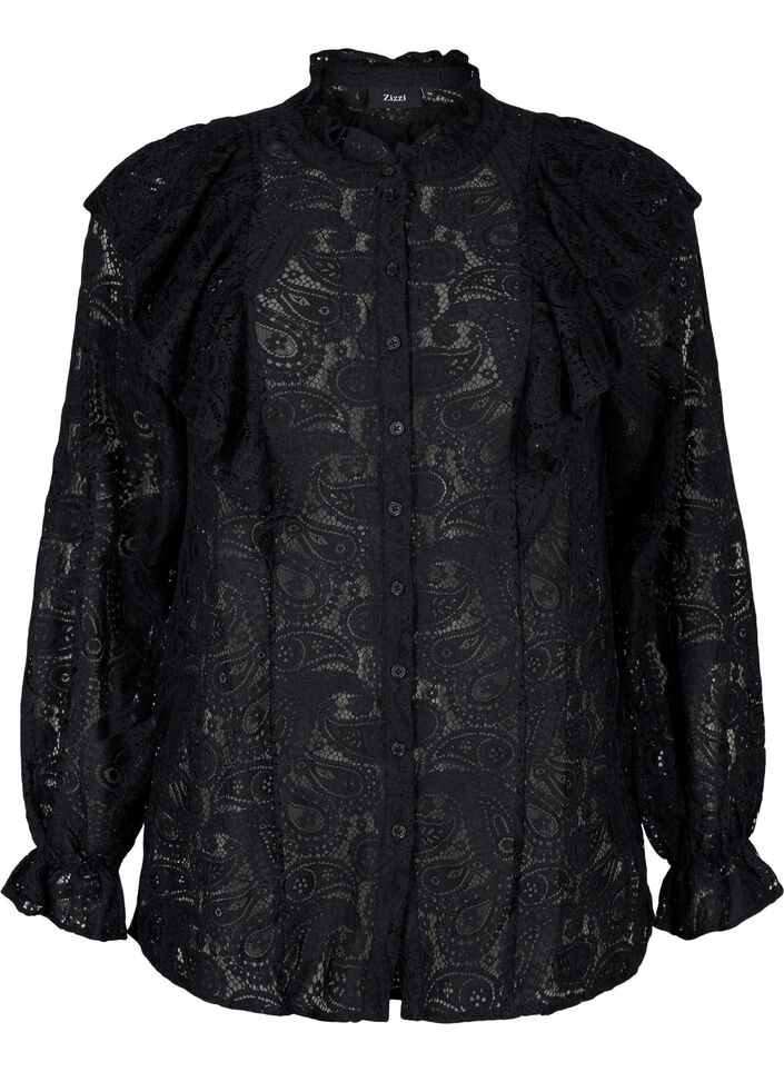 Kanten overhemd-blouse met ruches, Black, Packshot image number 0