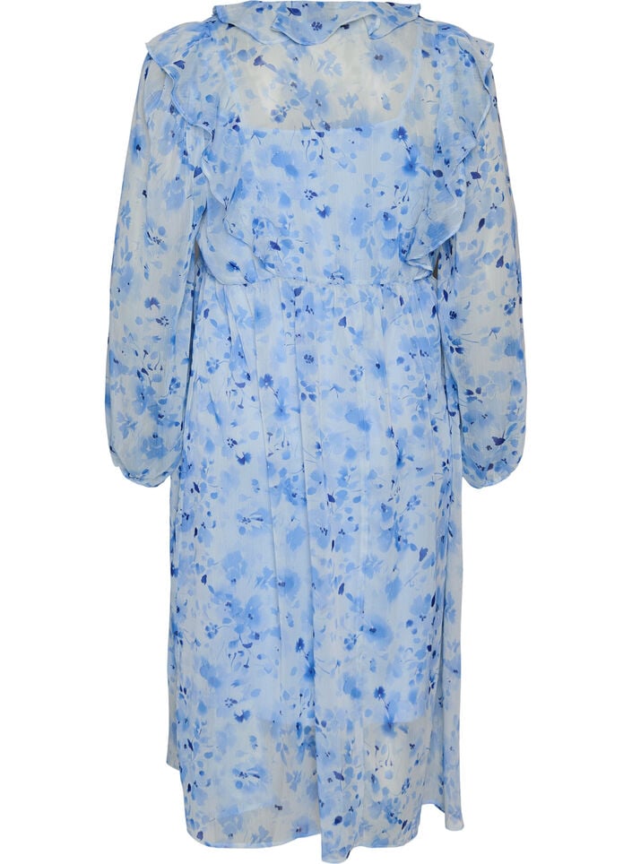 Robe en chiffon fleuri avec volants et manches longues, Bleu, Packshot image number 1