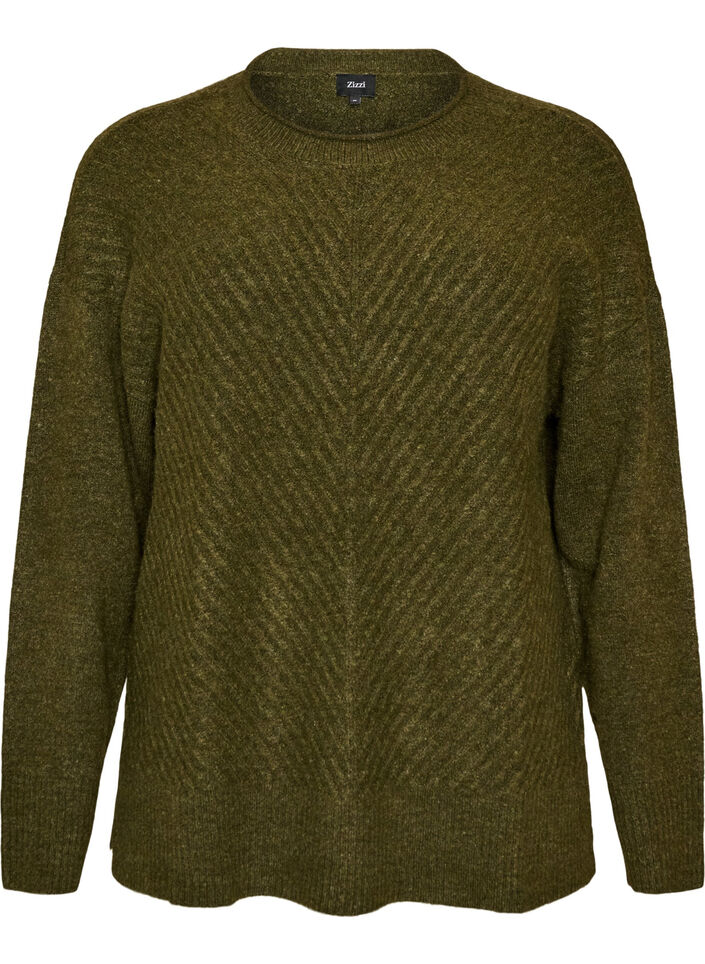 Gebreide blouse met V-vormig geribd patroon en zijsplitjes, Groen, Packshot image number 0