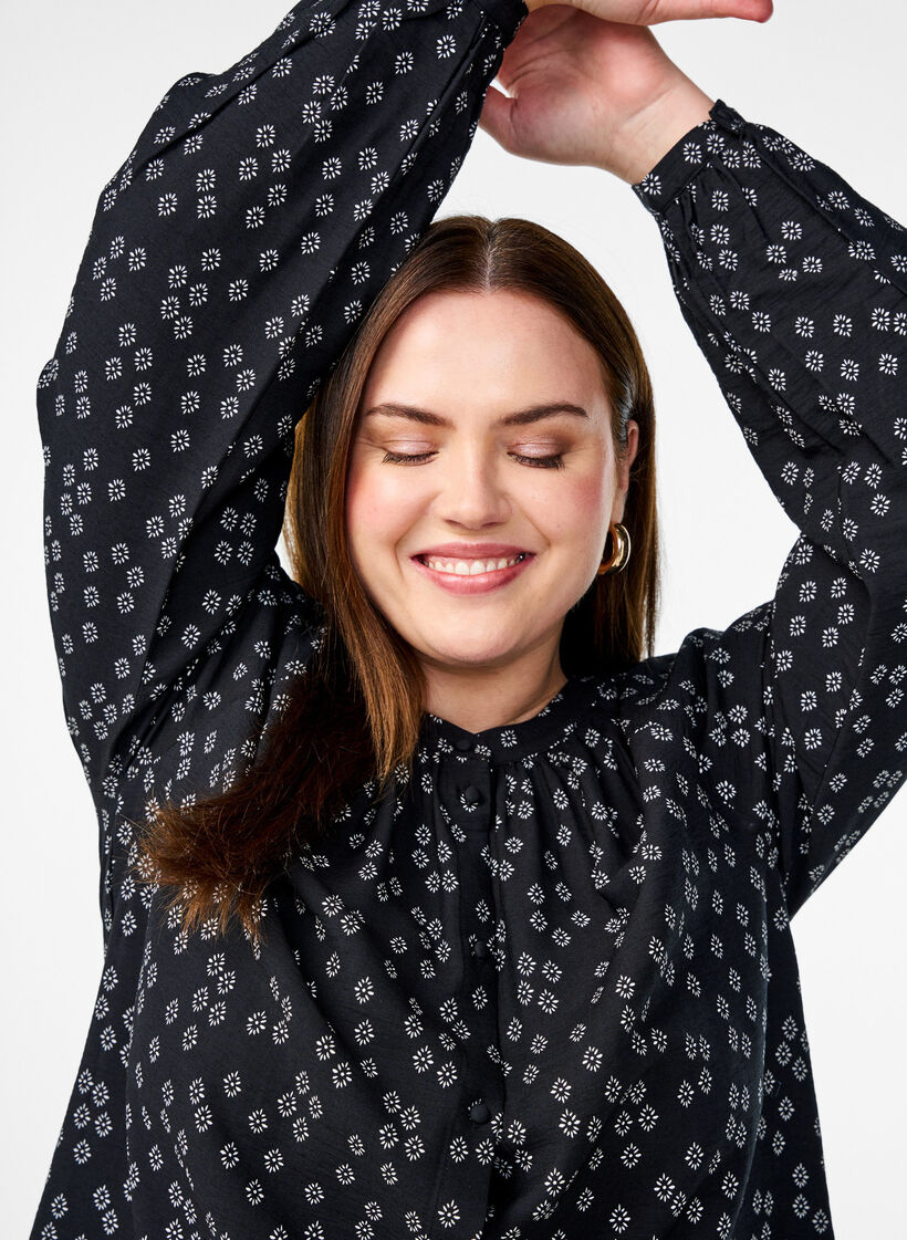 Tunic met lange mouwen en bloemenprint, Zwart, Image image number 0