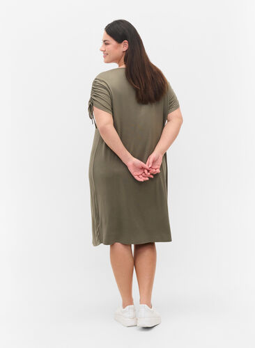 Viscose jurk met korte mouwen en koordjes, Dusty Olive, Model image number 1