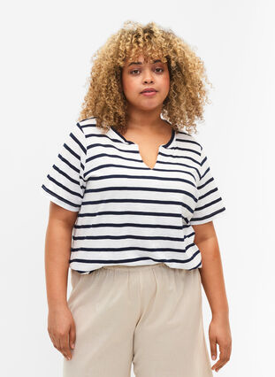 T-shirt en coton rayé avec col en V, Bright White Stripe, Model image number 0